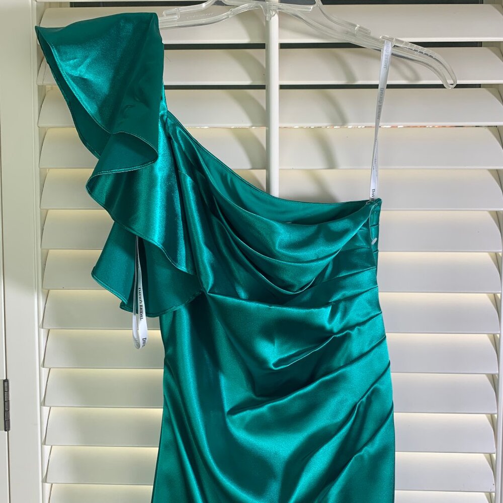 David's Bridal One Shoulder Silk Teal Ruched Homecoming Prom Formal Dress